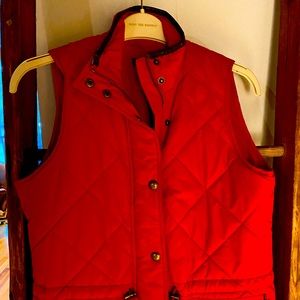 Ralph Lauren red vest - faux brown leather leather trim with gold detailing